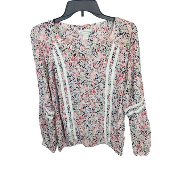 Christopher & Banks Pink Floral Print Split Neck Boho Top Women's Size Large - Picture 1 of 10